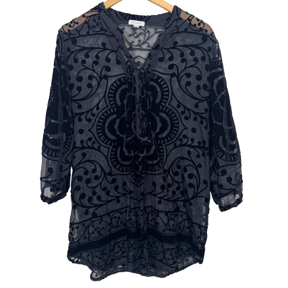 Garnet Hill Black Size 8‎ Velvet Burnout Sheer Tunic Top 3/4 Sleeve V Neck
